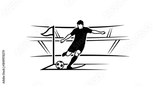 Determined football player kicking a soccer ball towards the goal during a match in a stadium, in bright studio.