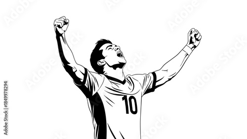 Enthusiastic football player with number 10 celebrating victory with raised arms, feeling joy and triumph, isolated white background.
