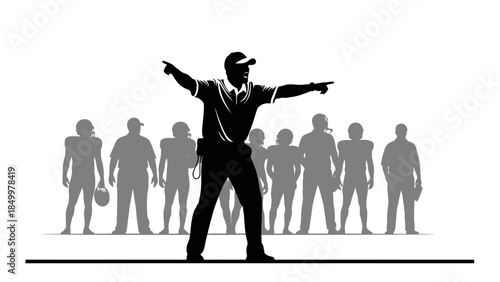 Football coach giving instructions and directing his team of players, depicted as silhouettes on a solid white background.
