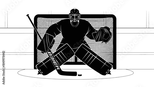 Professional ice hockey goalie in full gear defending the goal, in action on an ice rink in a bright studio.