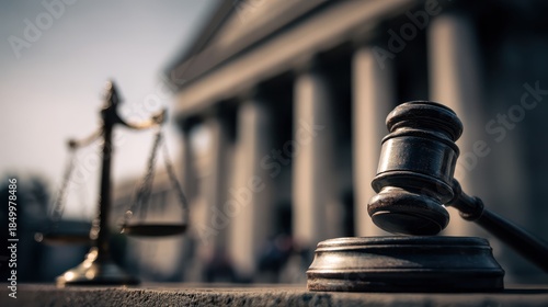 Legal Concept Imagery Featuring Gavel and Scales of Justice in Front of Courthouse Building Symbolizing Law, Order, Fairness, and Justice System