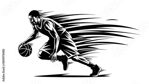 Dynamic basketball player dribbling the ball at high speed with motion lines, on an isolated white background.