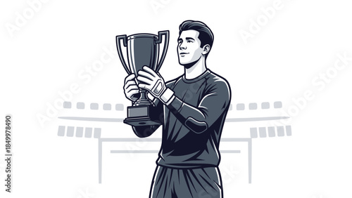 Proud soccer goalkeeper holding a shining trophy in celebration of victory, with stadium stands in the background.