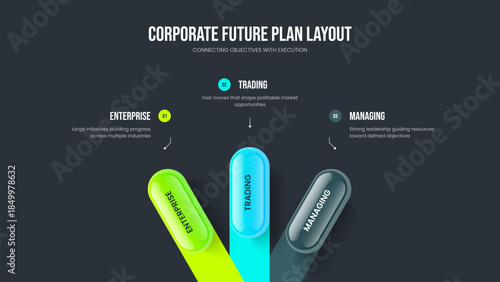 Market Visualization Three Option Infographic Slideshow Layout. Digital Introduction 3 Element Diagram Presentation Template. Service Launch Slide Design Vector Illustration.