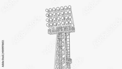 Detailed stadium floodlight tower on isolated white background