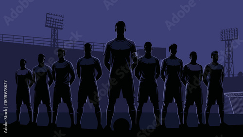 Silhouette of a soccer team standing in a stadium at night with floodlights