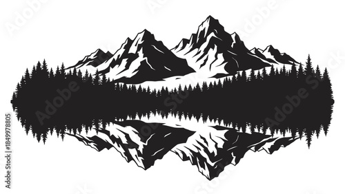 A vector illustration of a winter mountain landscape featuring a snowy peak, sunset sky, and pine forest reflected in a cold lake water view