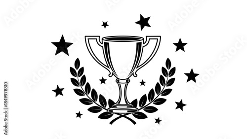 Golden Trophy Cup with Stars and Laurel Wreath, Symbolizing Victory and Achievement, isolated white background