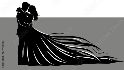 Elegant Loving Couple Silhouettes Embracing with Flowing Dress Detail, Romantic Background