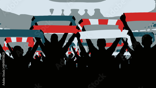 Passionate Football Fans Silhouettes Cheering in a Stadium with Raised Scarves