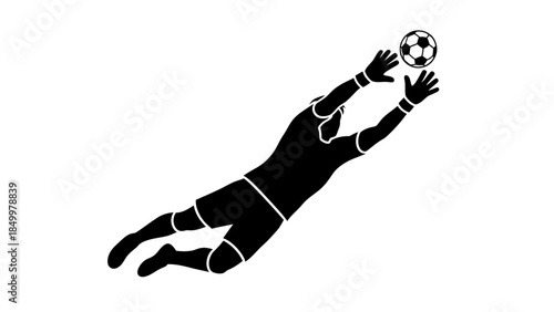 Dynamic Football Goalkeeper Diving to Catch a Soccer Ball in Mid-Air, isolated white background