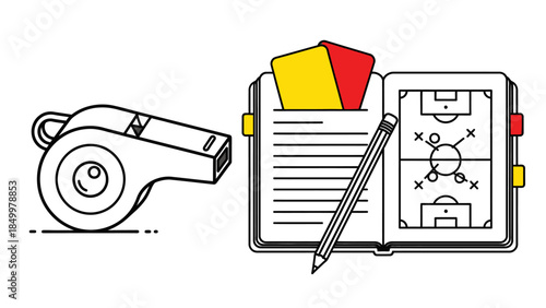 Football Coach Whistle, Tactical Board with Strategy, Pen, and Red and Yellow Cards, isolated white background