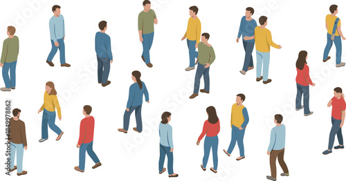 Isometric people walking set with men and women characters, everyday crowd movement poses for urban lifestyle illustration