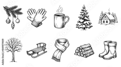 A collection of hand-drawn winter season elements including a Christmas branch, gloves, mug, snowy tree, house, bare tree, sled, scarf, logs, and boots.