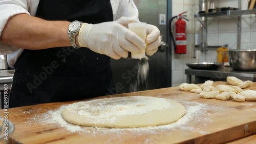 Chef preparing pizza dough with flour on a wooden board in a kitchen.