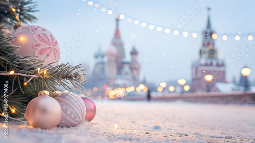 Christmas tree decorations in Moscow with St. Basil's Cathedral and Kremlin Spasskaya Tower in background