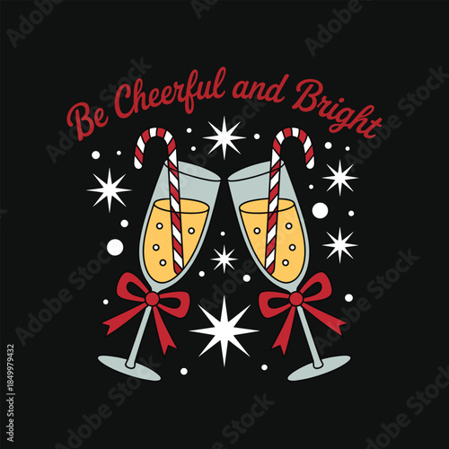 Two champagne flutes with candy canes and bows on a black background with festive text red bows white stars.