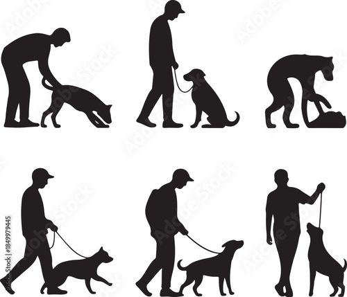 Dog Walking Silhouette Icon Set