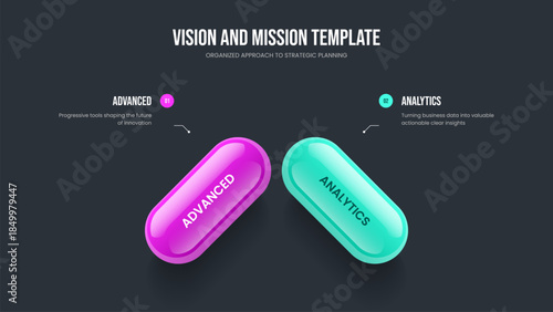 Corporate Development 2 Step Diagram Frame Design. Project Analysis Two Element Infographic Slideshow Layout. Digital Introduction Slide Template Vector Illustration.