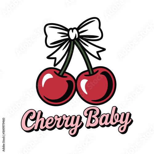Two Red Cherries with White Bow and Cherry Baby Text vector illustration on white background.