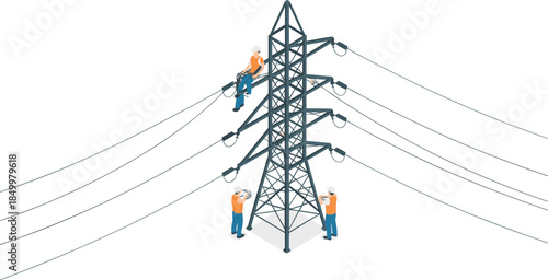 Isometric power transmission tower with electrical workers maintaining high voltage lines and utility infrastructure illustration