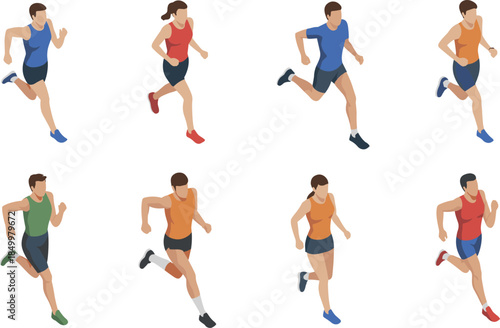 Isometric runners set with male and female athletes running in sportswear isolated on white background illustration