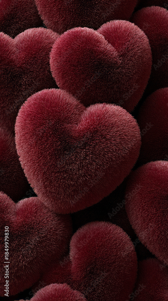 Obraz premium Soft fur hearts in deep red are organized closely. This arrangement creates a warm and festive look for Valentine's Day. The hearts are made to add charm to the celebration.