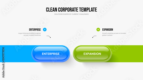 Digital Strategy Slideshow Layout Vector Illustration. Company Introduction 2 Step Infographic Slide Design. Service Launch Two Element Diagram Frame Template.