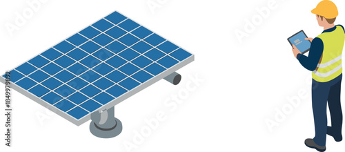 Isometric solar panel installation with engineer using tablet, renewable energy technology, clean power monitoring illustration isolated