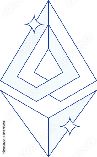 Minimal geometric crypto symbol logo with sparkling outline diamond shapes. Blockchain branding, fintech startups, digital wallet apps. Modern web3 clean abstract icon for innovation and growth.