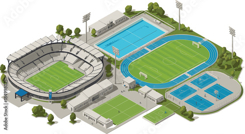 Isometric sports complex with stadium, swimming pool, football fields, running track, basketball courts and athletic facilities illustration