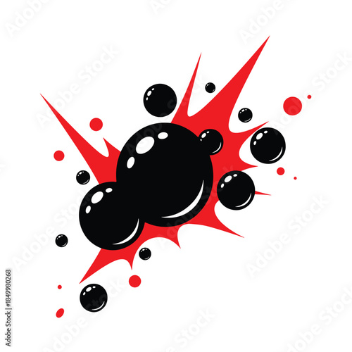 Black ink splatter with red burst effect and bubbles