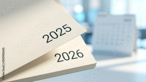 2025と2026の年号が書かれたシンプルなカレンダー紙、新年の計画とスケジュール管理のビジネスイメージ