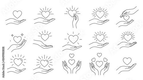 A collection of stylized line art icons depicts various hands gently holding and offering illuminated hearts, symbolizing love, care, and generosity in a simple, graphic design.