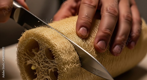 Hands Carefully Slicing a Natural Loofah Gourd for Kitchen Use and Home Decor Projects