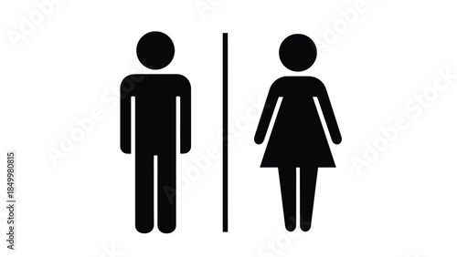 A clear and simple black silhouette graphic depicts the universal symbols for male and female restrooms, separated by a vertical line against a white background.