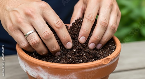 Hands Mixing Soil in a Clay Pot for Gardening and Planting at Home in Natural Light