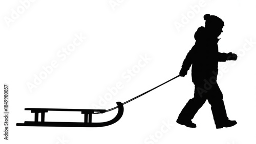 Silhouette of child pulling sled in winter, kid on snowy day, outdoor fun, cold weather activity, snow play