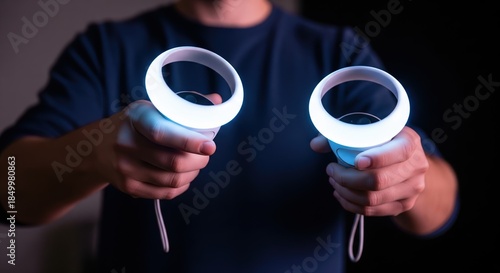 Hands Holding Illuminated Wireless Controllers for Virtual Reality Gaming Experience