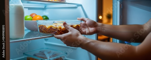 Person Holding Glass Container with Homemade Meal While Organizing Refrigerator at Night