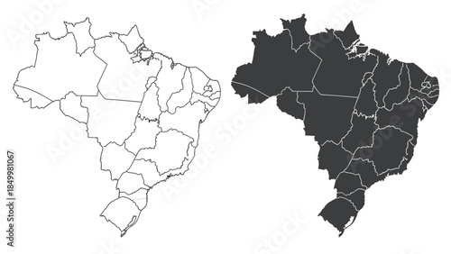 Two outline maps of Brazil, one in white and one in black, showing the country's administrative divisions.