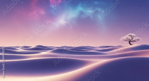 A lone tree stands in a vast, serene desert landscape under a starry, ethereal sky.