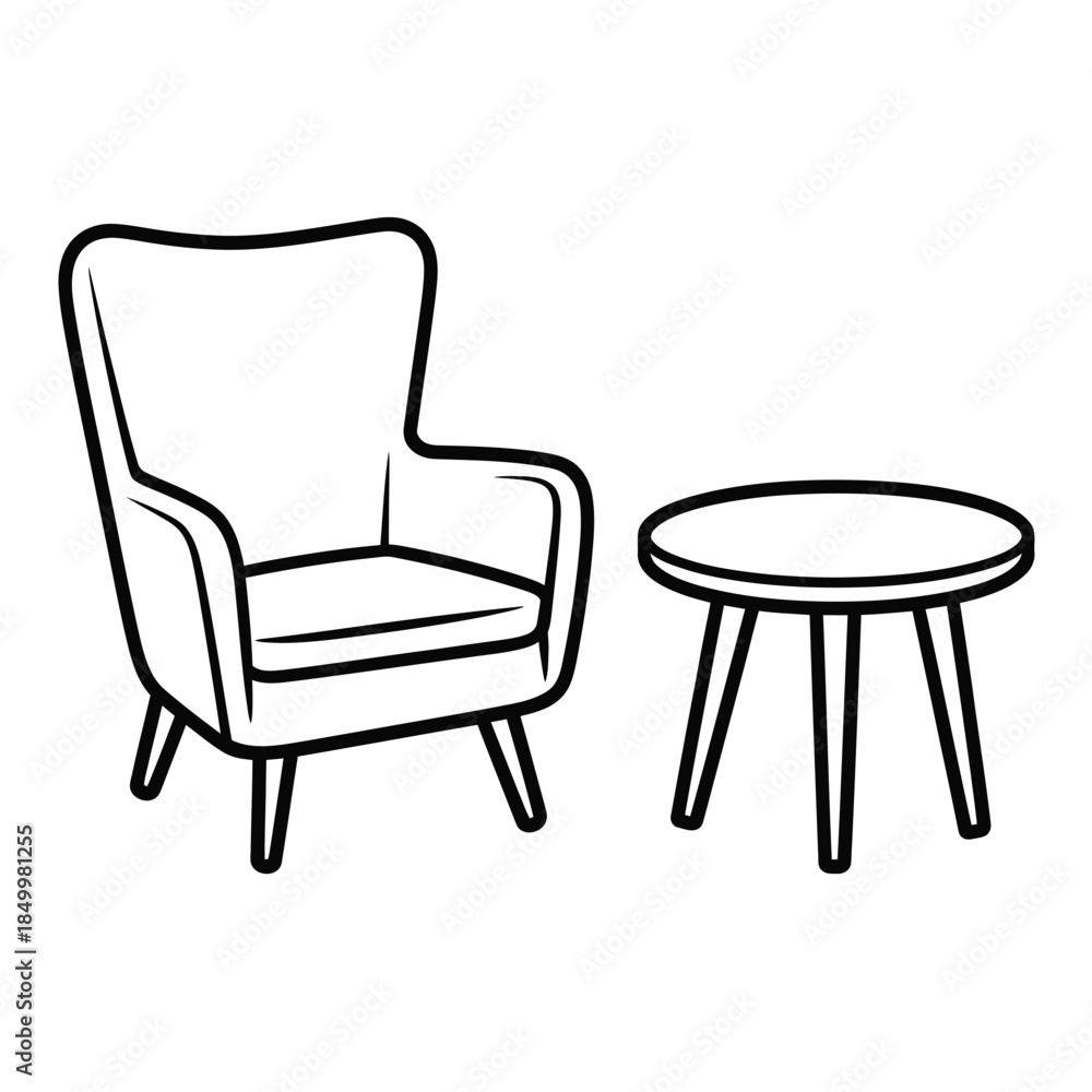 Fototapeta premium Simple sketch of a comfortable armchair and small round side table