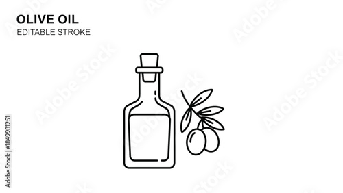 A simple line drawing of a bottle of olive oil with olives and leaves.