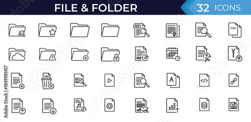 File and folder line editable icon set, showing document management, data organization, storage actions, search, upload, download and system files. Clean outline vector icons.