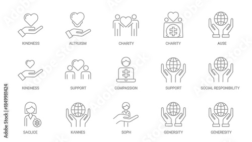 A collection of line art icons representing concepts of kindness, charity, support, compassion, and social responsibility, designed for clear visual communication.