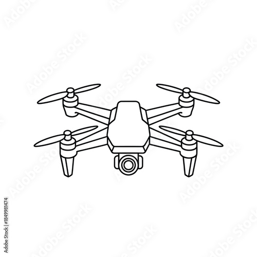 A simple line drawing depicts a modern quadcopter drone with a camera