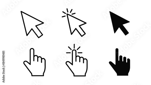 A collection of six distinct cursor icons, featuring both arrow and hand pointer designs in outline and solid fill styles, representing digital interaction.