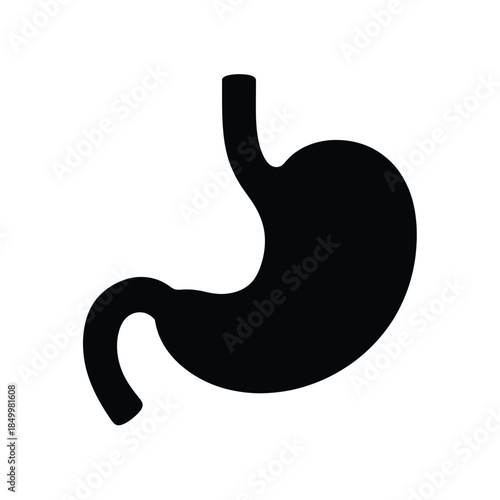 A simple black silhouette illustration of a human stomach is shown
