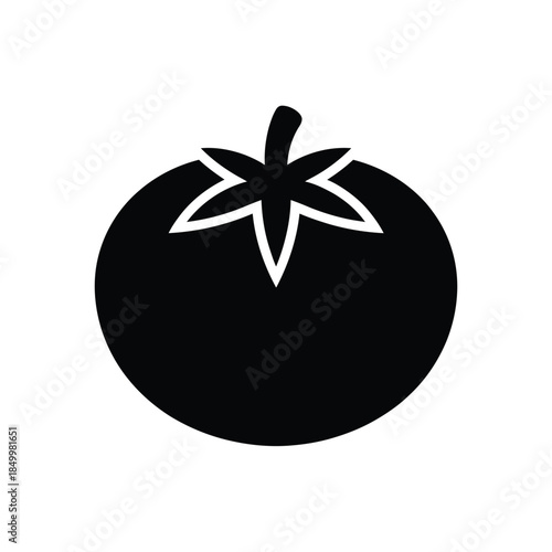 Simple black and white illustration of a ripe tomato with a stem